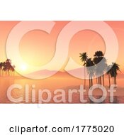 Poster, Art Print Of 3d Tropical Landscape With Palm Trees Against A Sunset Sky