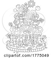 Poster, Art Print Of Cartoon Black And White Village Themed Birthday Cake With Cats House Garden And Cars