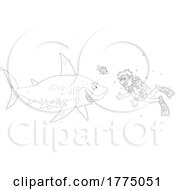 Cartoon Black And White Male Scuba Diver Facing A Shark