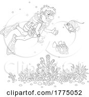 Cartoon Black And White Male Scuba Diver With Fish