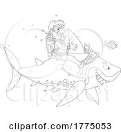 Cartoon Black And White Male Scuba Diver Riding A Shark
