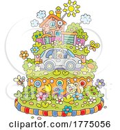 Poster, Art Print Of Cartoon Village Themed Birthday Cake With Cats House Garden And Cars