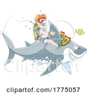 Cartoon Male Scuba Diver Riding A Shark
