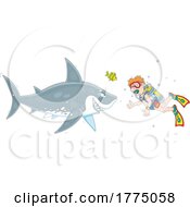 Cartoon Male Scuba Diver Facing A Shark