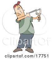 Poster, Art Print Of Caucasian Man In A Red Hat Green Shirt And Blue Pants Aiming With A Sling Shot