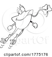Cartoon Black And White Frog Leaping And Eating A Clover by toonaday