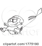 Cartoon Black And White Boy Running With A Kite by toonaday