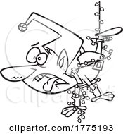 Poster, Art Print Of Cartoon Black And White Elf Tangled In Christmas Lights