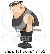 Hairy Caucasian Man An Executioner Wearing A Band Around His Eyes And Carrying An Axe Clipart Illustration