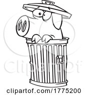 Cartoon Black And White Scared Pig Hiding In A Trash Can