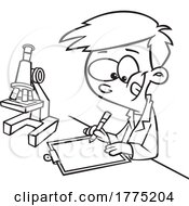 Cartoon Black And White Boy Taking Notes By A Microscope