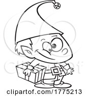 Cartoon Black And White Christmas Elf Kid Holding A Gift