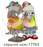 Poster, Art Print Of Cool Hippie Dog Couple Wearing Tie Dye Shirts And Sandals One Dog Flashing The Peace Sign