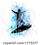 Poster, Art Print Of Silhouette Of A Surfer On An Ocean Themed Watercolour Background