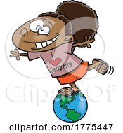 Cartoon Girl Wearing An I Love Geography Shirt And Balancing On A Globe