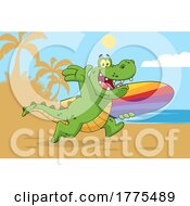 Poster, Art Print Of Cartoon Surfer Crocodile On A Beach