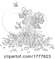 Poster, Art Print Of Cartoon Black And White Fly Over A Tree Stump With Mushrooms