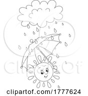 Poster, Art Print Of Cartoon Black And White Cheerful Sun Holding An Umbrella In Spring Showers