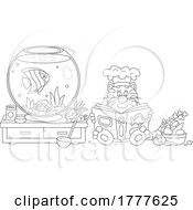 Cartoon Black And White Cat Wearing A Chef Hat And Reading A Cookbook By A Fish Bowl