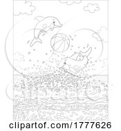 Poster, Art Print Of Cartoon Black And White Leaping Dolphins Playing With A Beach Ball