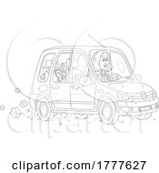 Cartoon Black And White Woman Driving Her Car With Packages And A Dog