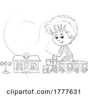 Cartoon Black And White Boy Playing With A Train Set