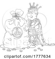 Cartoon Black And White Greedy King With A Giant Sack Of Gold Coins