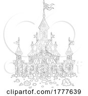 Cartoon Black And White Stone Castle With Turrets And Flags