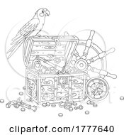 Cartoon Black And White Pirate Parrot On An Open Treasure Chest With A Map Coins Compass Gun And Helm