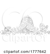 Poster, Art Print Of Cartoon Black And White Rear View Of A Woman Bending Over In A Garden And Looking Like A Mushroom