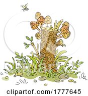 Cartoon Fly Over A Tree Stump With Mushrooms
