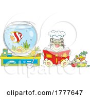 Cartoon Cat Wearing A Chef Hat And Reading A Cookbook By A Fish Bowl