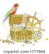 Poster, Art Print Of Cartoon Pirate Parrot On An Open Treasure Chest With A Map Coins Compass Gun And Helm