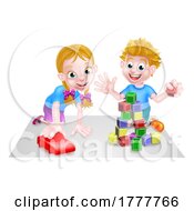 Poster, Art Print Of Cartoon Boy And Girl Playing With Blocks And Car