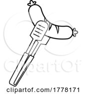 Cartoon Black And White Tongs Holding A Sausage