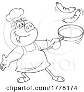 Poster, Art Print Of Cartoon Black And White Chef Pig Cooking Sausage
