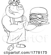 Cartoon Black And White Chef Pig Holding A Huge Double Cheeseburger On A Plate