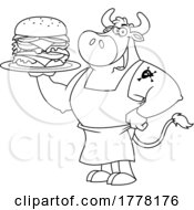 Cartoon Black And White Cow Chef Holding A Big Cheeseburger On A Platter