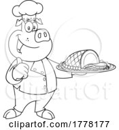 Poster, Art Print Of Cartoon Black And White Chef Pig Serving Ham