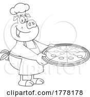 Cartoon Black And White Chef Pig Holding A Hot Pizza