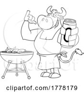 Cartoon Black And White Cow Chef Grilling Sausages And Holding A Beer