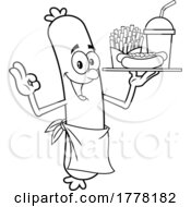 Cartoon Black And White Sausage Chef Serving Fries A Drink And Hot Dog