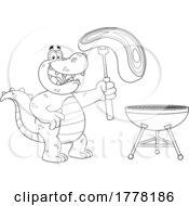 Cartoon Black And White Crocodile Grilling A Steak by Hit Toon