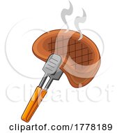 Poster, Art Print Of Cartoon Tongs Holding A Hot Grilled Steak