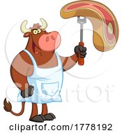 Cartoon Cow Chef Holding A Steak by Hit Toon