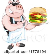 Cartoon Chef Pig Holding A Huge Double Cheeseburger On A Plate by Hit Toon