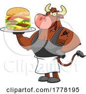 Cartoon Cow Chef Holding A Big Cheeseburger On A Platter