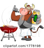 Cartoon Cow Chef Grilling Sausages And Holding A Beer by Hit Toon