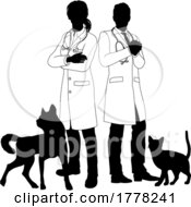 Poster, Art Print Of Man And Woman Vets Dog And Cat Pets Silhouette