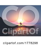 Poster, Art Print Of 3d Female In Yoga Pose On A Stepping Stone In A Sunset Ocean Landscape